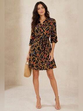 Nanette Lepore Chain Print Shirt Dress Tie Waist Black Gold Size 6